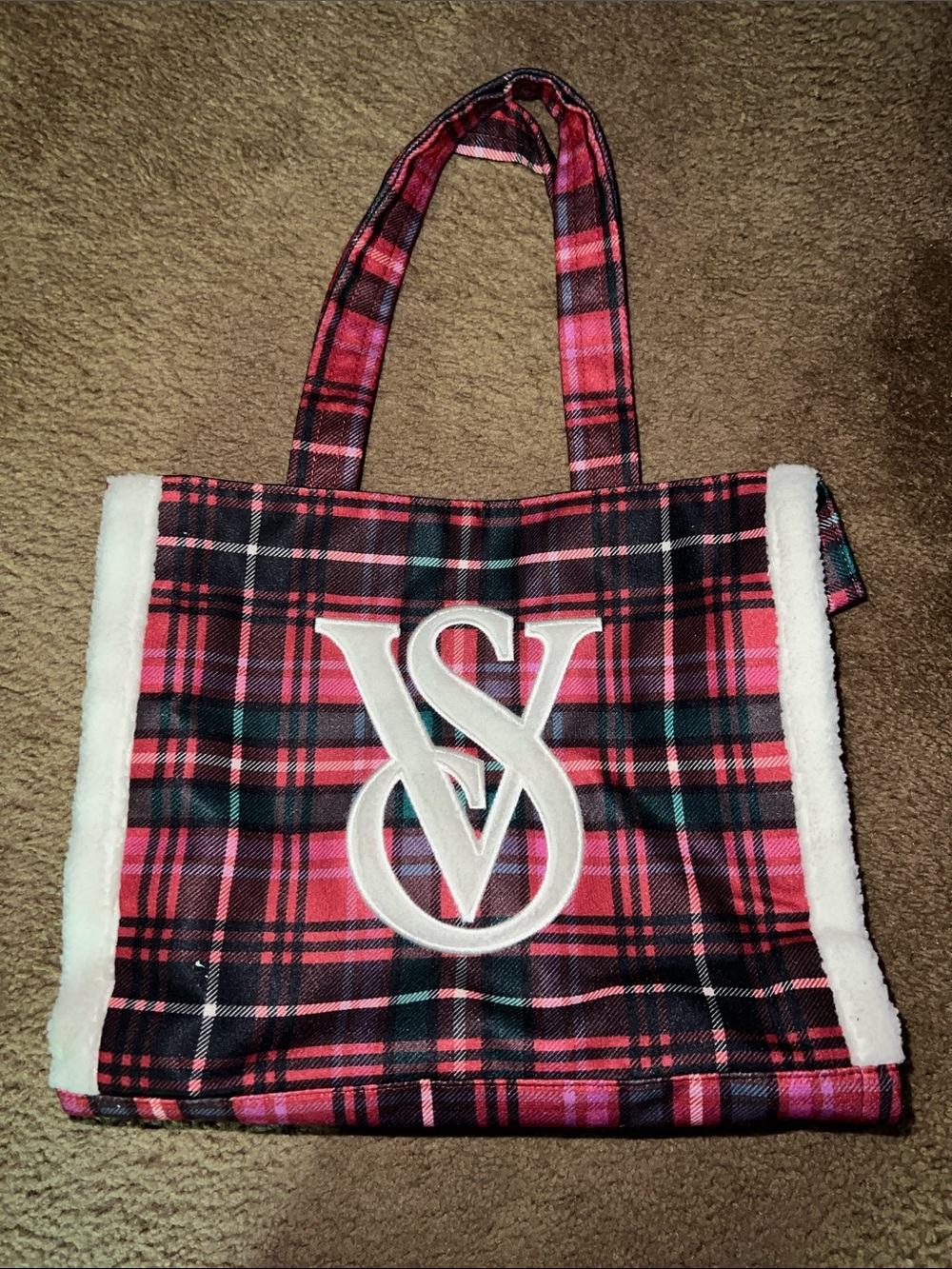 Victoria's Secret Pink Plaid Tote with White Sherpa Trim